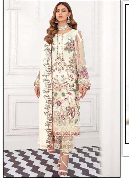 White Colour Ramsha Hit Colours Dinsaa Fancy Wear Designer Heavy Georgette Suit Collection 1001 A